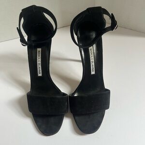 Manolo Blahnik Black Open Toe Strappy Suede Stilettos EU 37.5 / US 7.5